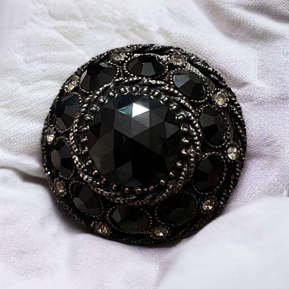 Vintage Robert Rose Faceted Black Onyx Rhinestones Brooch Pin